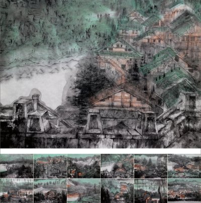 《烟雨龚滩》 68x45cm x12  纸本设色